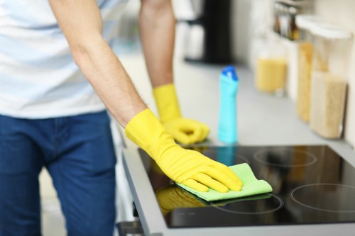 Carpet cleaning team following safe working procedures