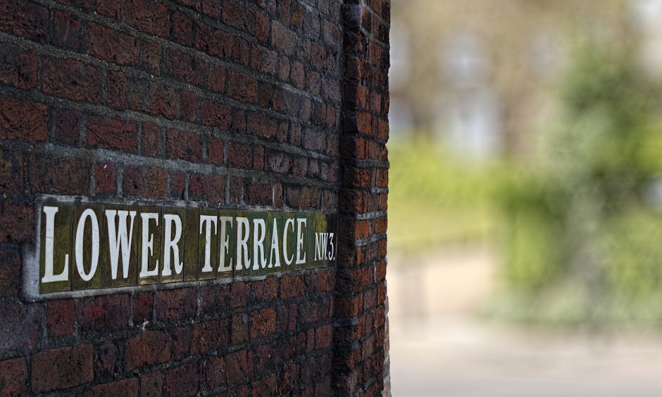 Close-up view of a brick wall with a street sign affixed to it, reading 'Lower Terrace NW3'. The sign is made of ceramic tiles with black lettering and a green background, contrasting against the dark red bricks. The background shows a blurred outdoor scene with greenery and natural light, indicating an exterior setting. Carpet Cleaners Belsize Park, a professional cleaning company, emphasizes surface cleaning and maintenance through this image relevant to residential and commercial cleaning services, such as deep cleaning and sanitisation.