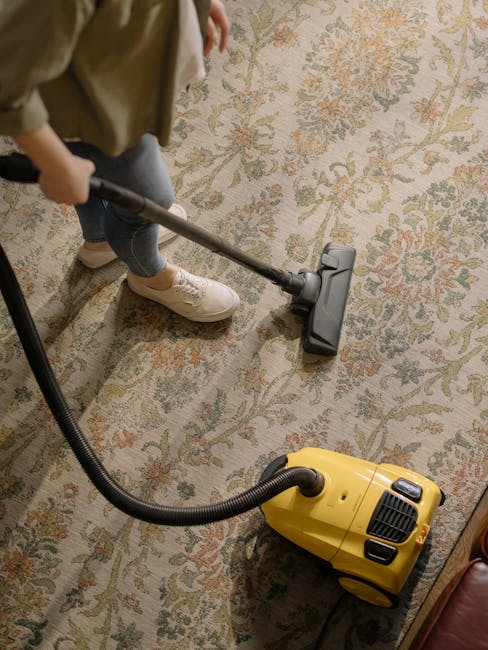 A person using a vacuum cleaner with a long hose attachment is performing deep cleaning on an ornate, floral-patterned carpet in a residential setting. The carpet features a traditional design with soft, muted colors, and the room is well-lit with natural or artificial light, highlighting the clean and maintained condition of the surface. The vacuum's bright yellow body contrasts with the carpet's delicate pattern, and the individual is dressed casually, focusing on thorough surface cleaning. This image illustrates professional domestic cleaning services provided by Carpet Cleaners Belsize Park, specializing in surface cleaning and hygienic maintenance of carpets in Hampstead Heath and Belsize Park flats.